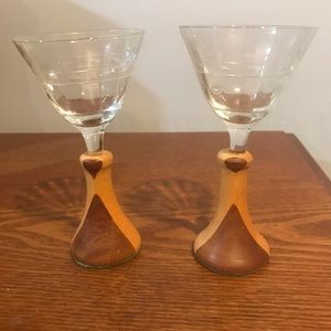 Vtg Set Of 2 Two Tone Wooden Stem Cordial Glasses Etched Flowers Handmade Base